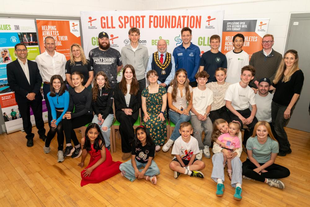 Mayor of Swindon Cllr Neil Hopkins,with some of the successful GLL Sport Foundation athletes at the awards ceremony