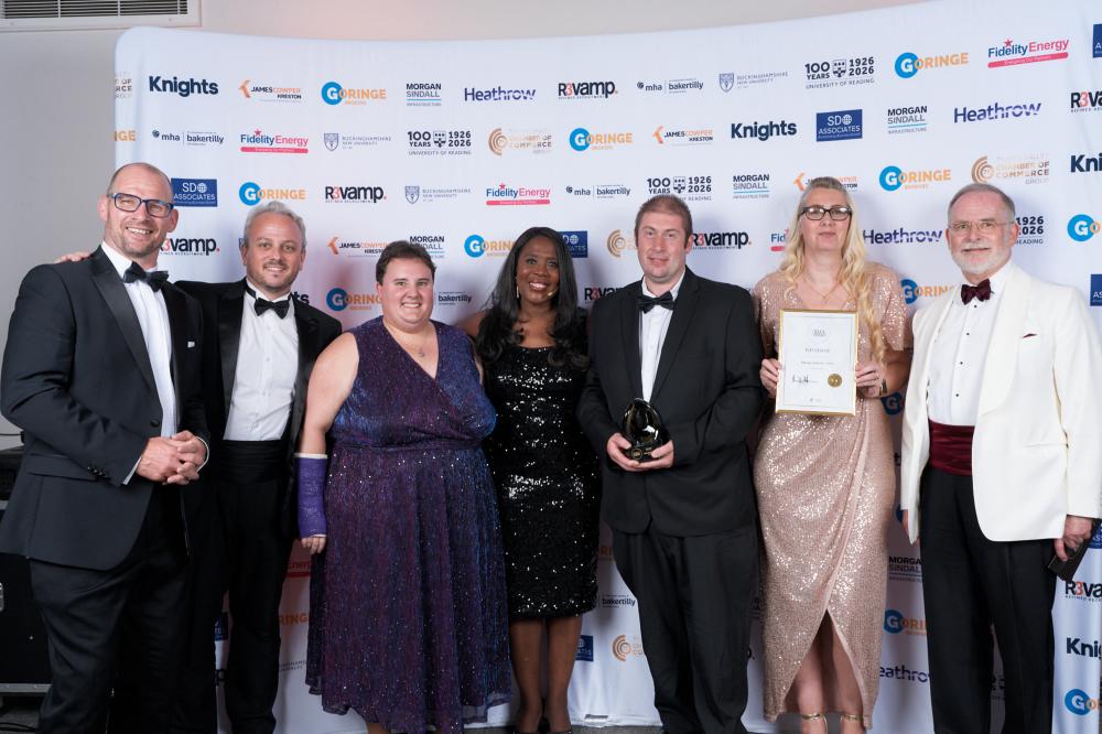 From left: Paul Britton, CEO of Thames Valley Chamber, Pete McCallum, Jasmine Masters, Tessa Sanderson CBE, Martyn Masters, Maria McCallum, and Bill Gornall-King, Group President, Thames Valley Chamber of Commerce