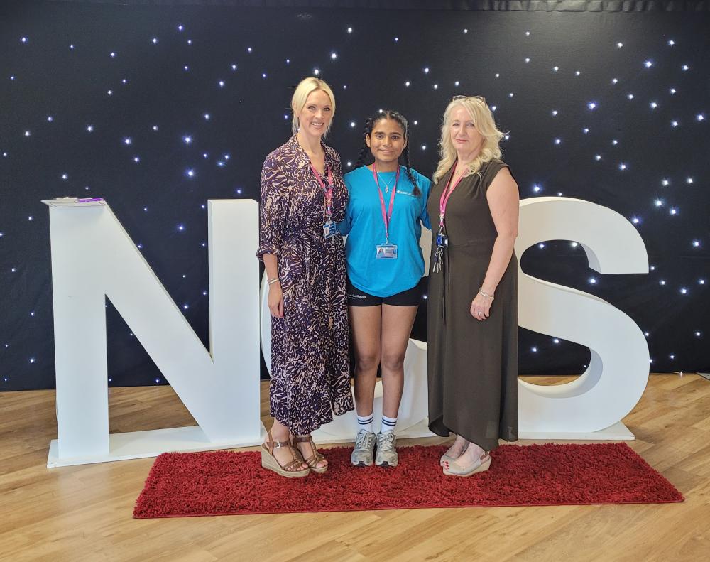 Successful New College Swindon student Dextra Rebelo with, right, college principal and CEO Leah Palmer and Assistant Principal Ellie Exley