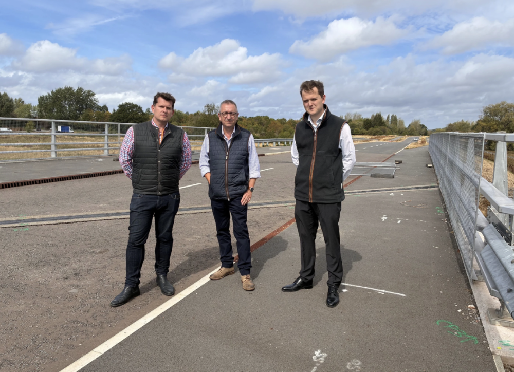 From left: Cllr Nick Gardiner, Cabinet Member for Highways and Transport, with ward members for Chiseldon and Ridgeway, Cllr Gary Sumner and Cllr Matt Hinton, at the faulty Southern Connector Road bridge