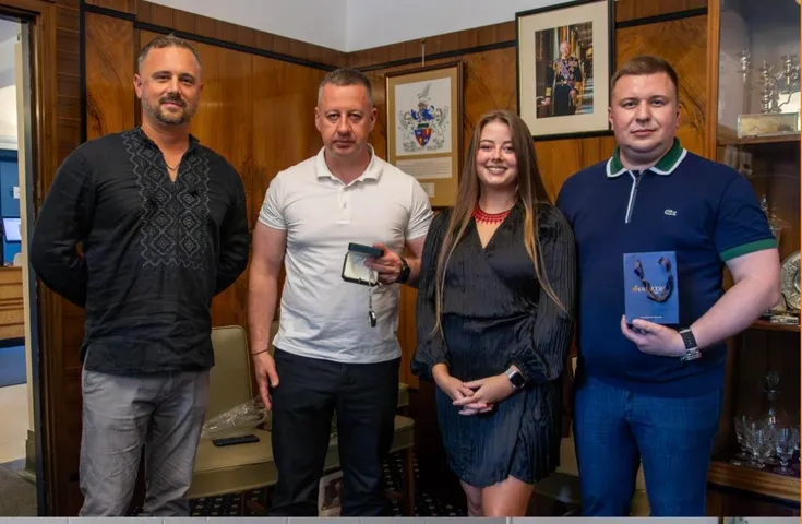(Left to right): Kris Talikowski from Swindon Welcomes Ukraine, Rivne Mayor Viktor Shakyrzian, Maryna Petryk, committee member for Swindon Welcomes Ukraine and Artem Hanushchak, Deputy Mayor of Rivne